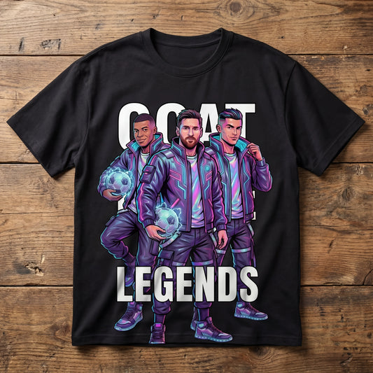 Black t-shirt with graphic design of three characters in futuristic outfits and 'GOAT LEGENDS' text on a wooden surface.