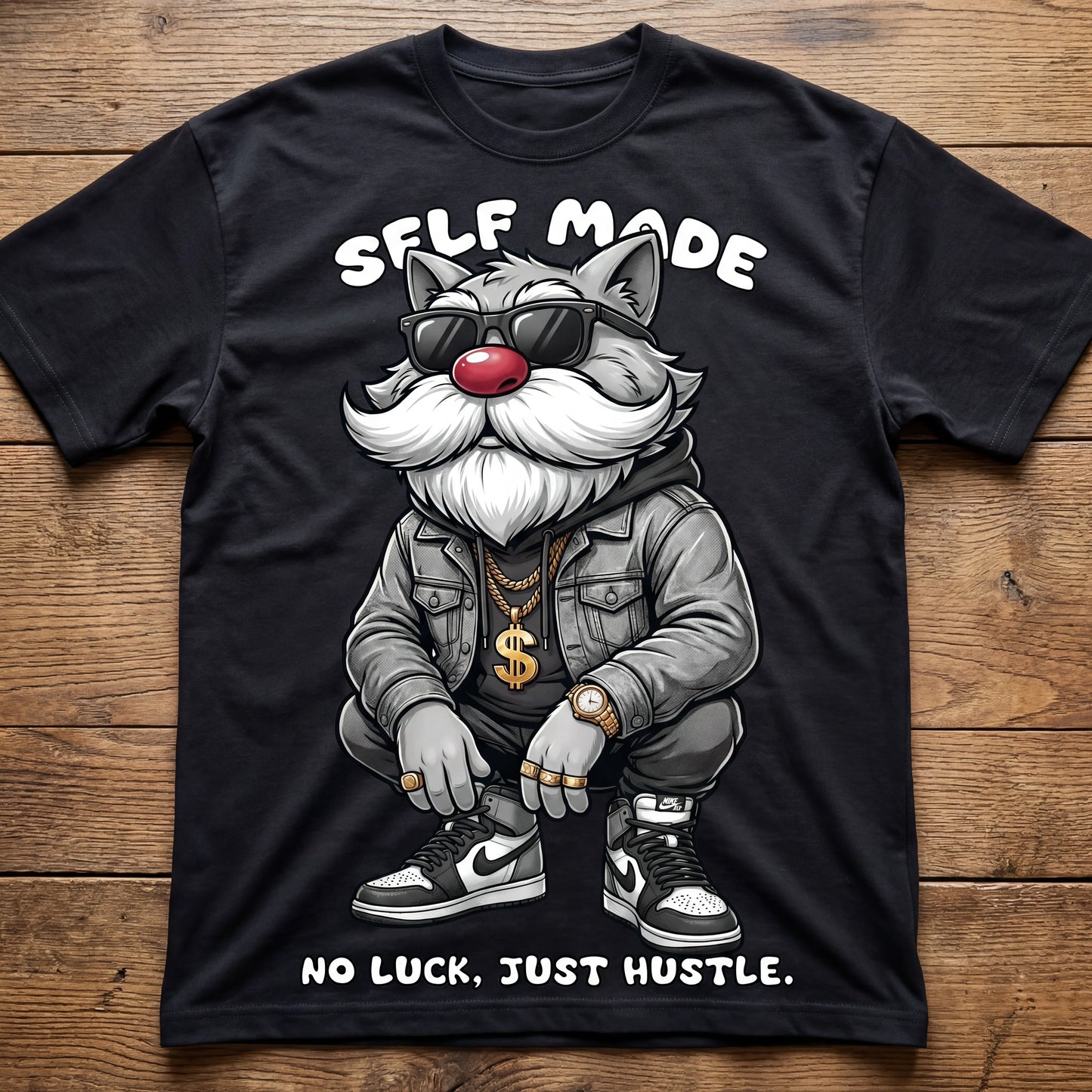 Black t-shirt with a graphic of a cat wearing sunglasses and a jacket, with text 'Self Made, No Luck, Just Hustle' on a wooden surface.