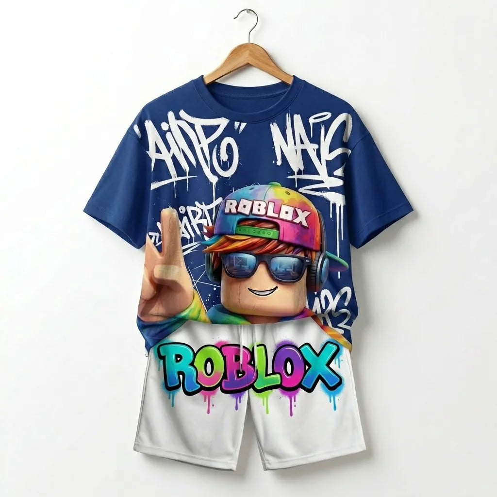 The "Roblox Legend" Gamer Oversized Tee & Shorts– Vibrant Colors Streetwear for Kids