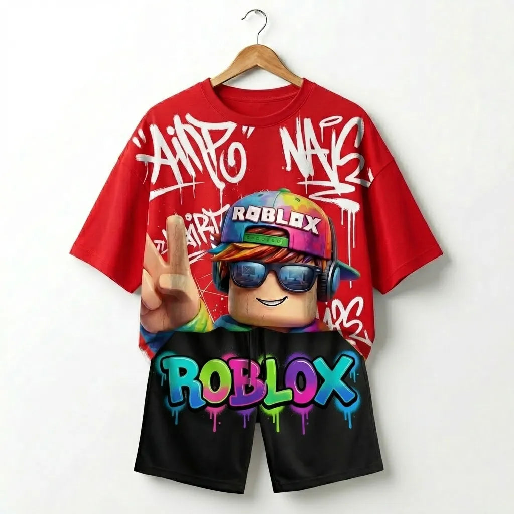 The "Roblox Legend" Gamer Oversized Tee & Shorts– Vibrant Colors Streetwear for Kids