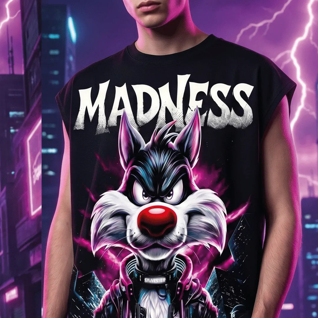Madness Wolf Graphic Oversized Sleeveless T-Shirt 