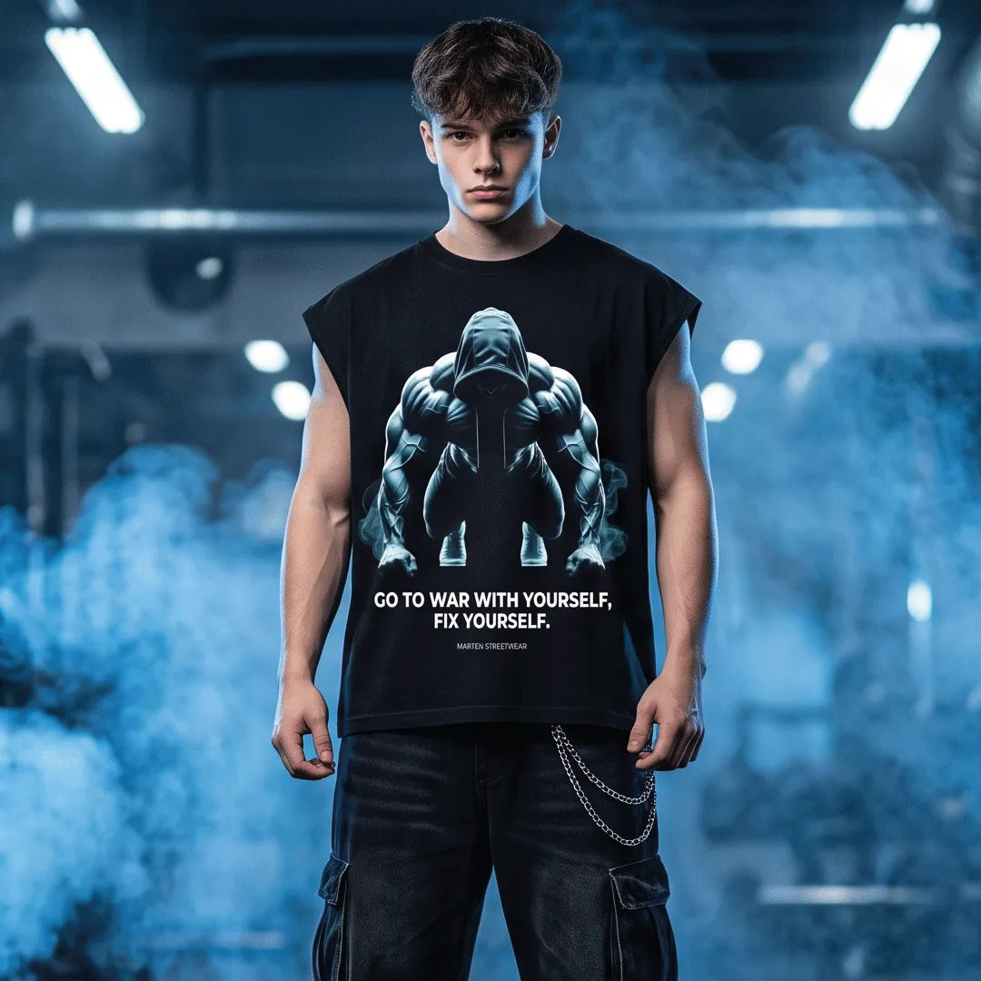 Go To War With Yourself – Premium Oversized Gym & Streetwear Sleeveless T-Shirt