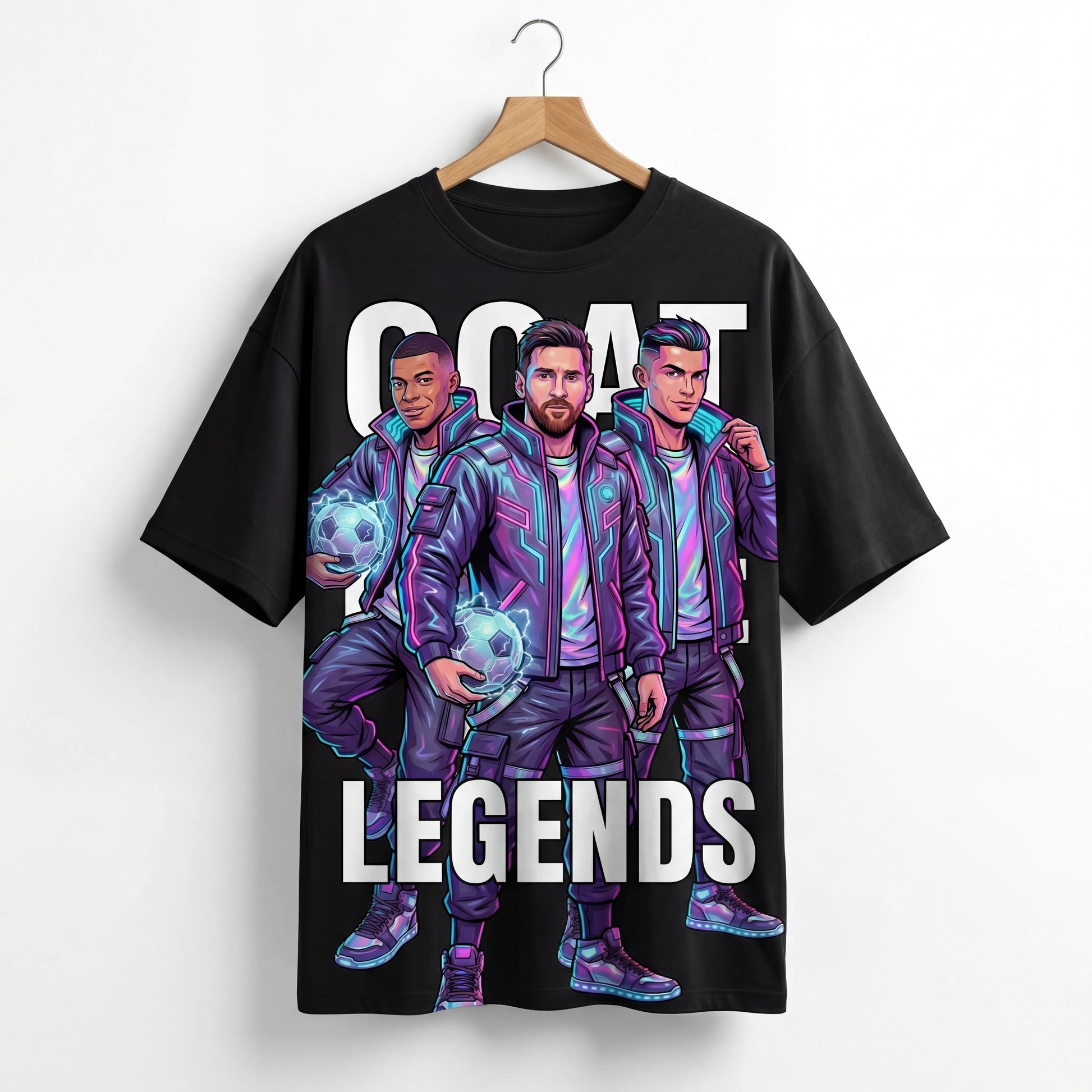 Black t-shirt with graphic design of three characters in futuristic outfits and 'GOAT LEGENDS' text on a hanger.