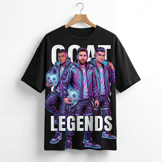 Black t-shirt with graphic design of three characters in futuristic outfits and 'GOAT LEGENDS' text on a hanger.