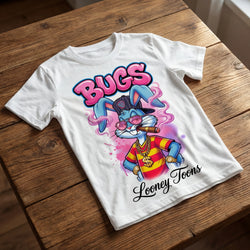 Kids wearing white Bugs Bunny graffiti t-shirt standing in skatepark, trendy street fashion for boys and girls in Pakistan